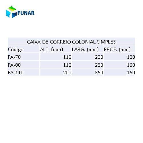 Especificações caixa de correio colonial modelo simples